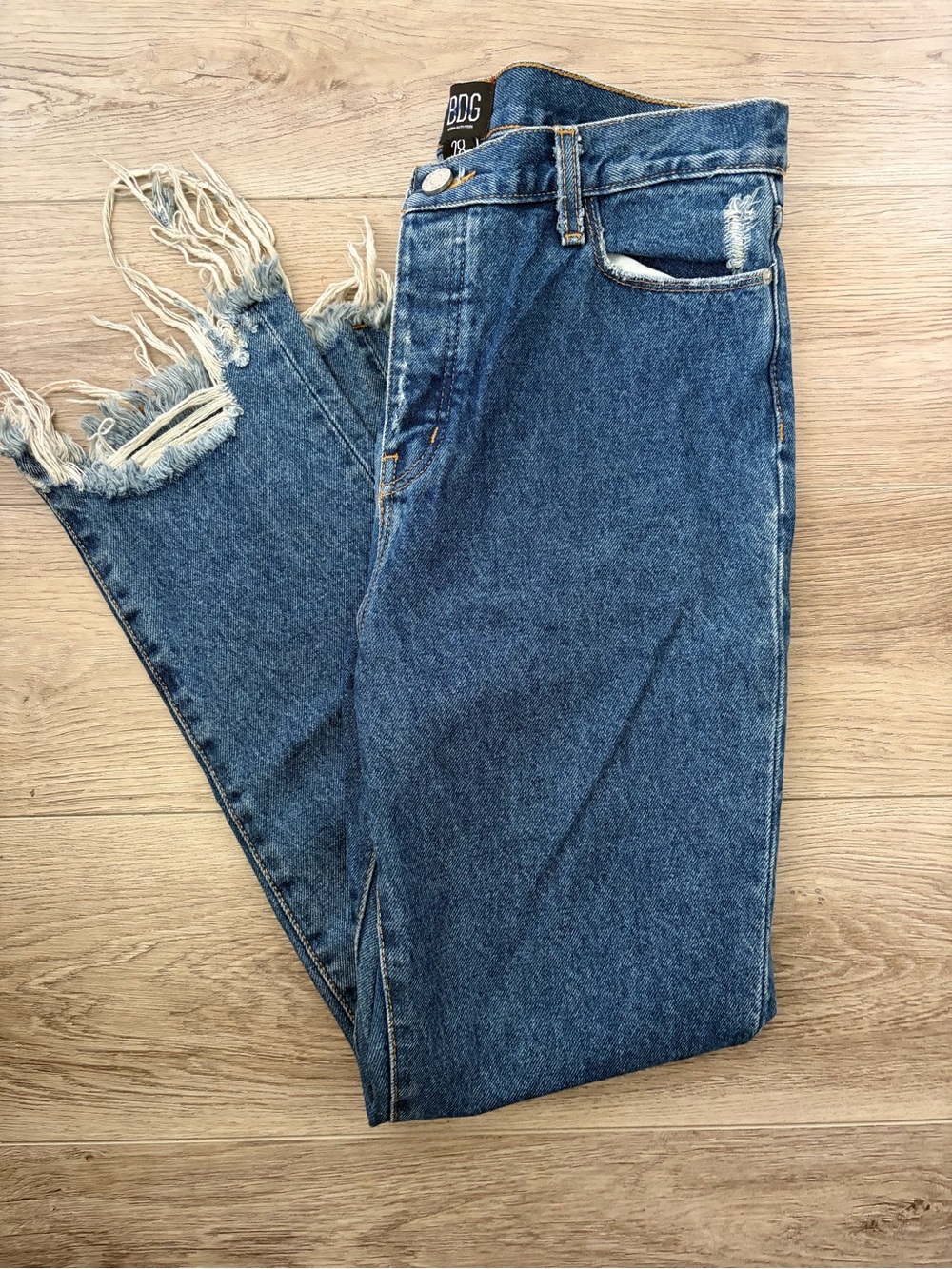 BDG Women's Dark Blue Frayed Hem Straight Leg Jeans